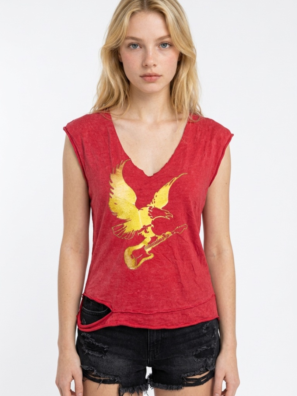 YEN • Red Eagle Guitar Graphic Cutout Rocker Tank Top Size Medium